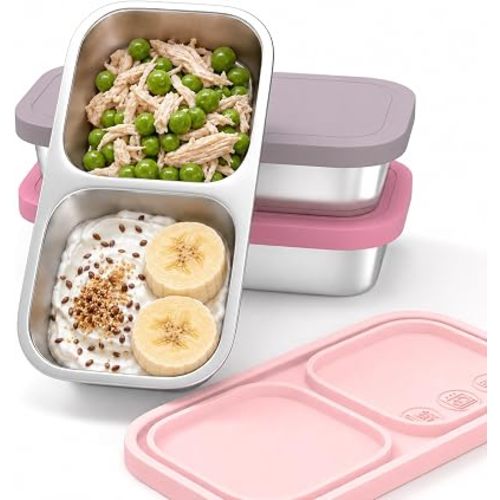 3 Pack Stainless Steel 2-Compartment Snack Containers, 8.4 oz