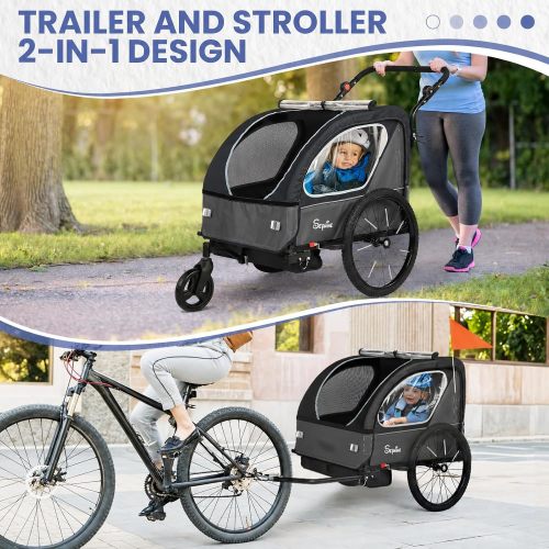 Sepnine Kids Bike Trailer, 2 in1 Canopy Carrier Converts to Pushcart Suitable for 1 to 2 Toddlers, Kids, Quick Attach to Bike, Foldable, with 5-Point Harness and Storage Bags
