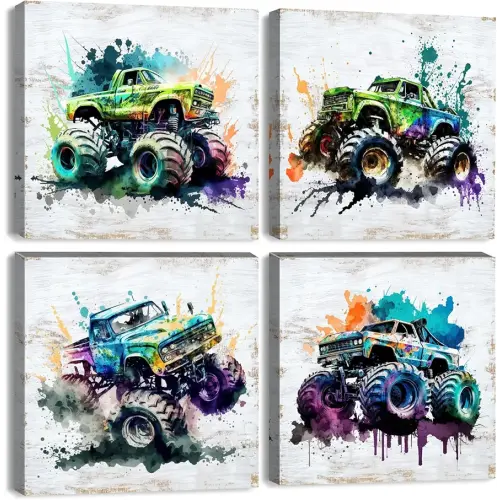 Rustic Monster Truck Wall Art Car Room Wall Decor for Boys Vintage Vehicle Posters Kids Bedroom Playroom Toddler Nursery Car Painting Canvas Prints Artwork Living Room Garage Home Decoration 12×12" 4P