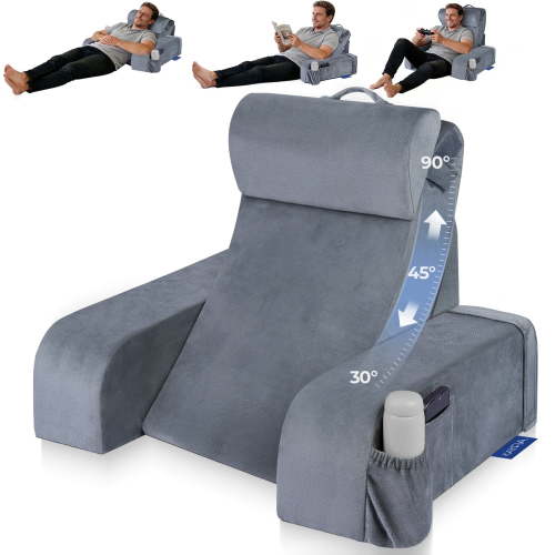 Kayfia Reading Pillow with 30-90° Adjustable Angle & Height, 2 in 1 Back Wedge Pillow for Bed Sitting up with Detachable Arms Rest, Backrest Pillow for Reading/Gaming/Working in Bed or Couch, Large
