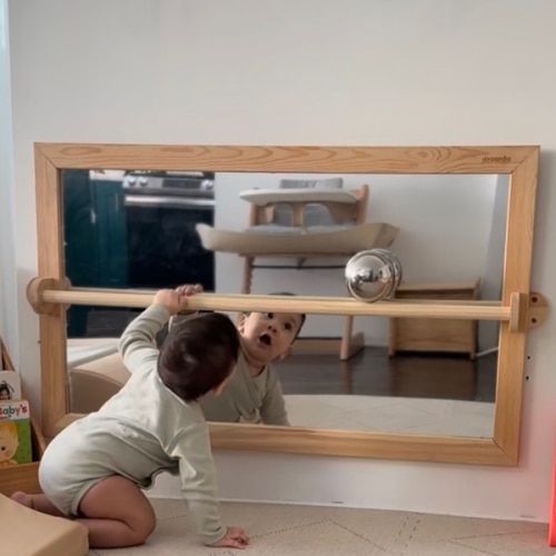 3-Position Montessori Wood Frame Non-Shatter Safety Pull Up Bar Baby Big Mirror Set, Infant Coordination Mirror, Kids Classroom Furniture for Daycare, Homeschool or Preschool