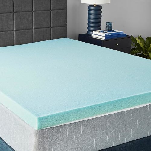 Amazon Basics Cooling Gel-Infused Memory Foam Mattress Topper, CertiPUR-US Certified, 3 inches, Queen, Blue