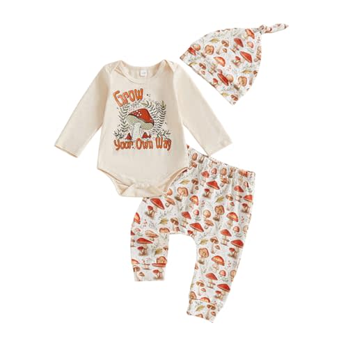 Amnnchya Newborn Girls Boys Clothes Cute Mushroom Print Romper Pants Hat Set Fall Winter Outfits Baby Coming Home Outfit
