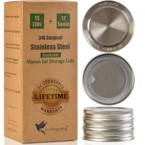 316 Surgical Stainless Steel Mason Jar Lids REGULAR Mouth,ORIGINAL DESIGN,Stackable w/ Pull-Tab Silicone Seal. Rust-proof, Airtight, Leak-proof, Vegan, BPA-Free, Reusable,Not for Canning