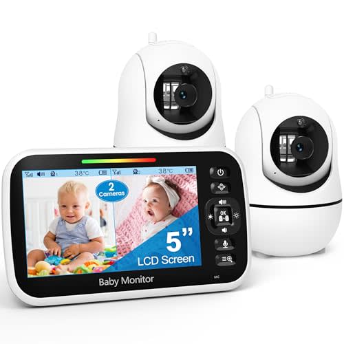 GoodBaby 5" Split Screen Baby Monitor with 2 Cameras and Audio, No WiFi Secure FHSS, 30-Hour Battery, Remote PTZ, Auto Night Vision, Room Temperature, Two-Way Audio，Lullabies，1000ft Range