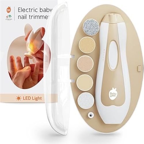 Baby Uma LED Baby Nail Trimmer Electric - Auto-Safety Stop Baby Nail Clippers, Bi-Directional Electric Baby Nail File with 2 Speeds & 6 Filing Discs, Newborn Essentials (+ Travel Case)