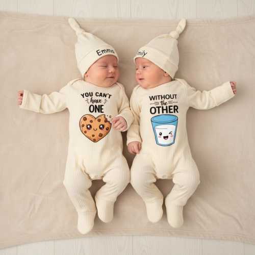 Can’t Have One Without The Other Custom Name On Hat, Twin Baby Bodysuit, Funny Twin Outfit, Cookie and Milk Newborn Outfit, Gift For New Mom