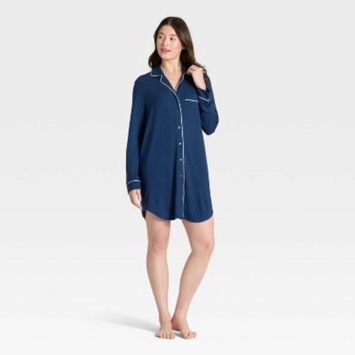 Women's Cloud Knit Modal Notch Collar Long Sleeve Nightgown - Auden™ Navy Blue M
