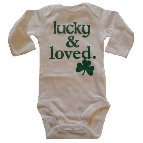 Custom Kingdom Baby Boys/Girls Lucky and Loved Irish Shamrock Long-Sleeved One-Piece Romper Bodysuit White