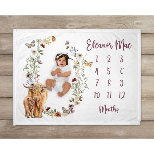 Boho Floral Milestone Blanket, Highland Cows, Personalized Baby Blanket, Monthly Growth Tracker, Wildflowers, Baby Shower Gift, Baby Girl,