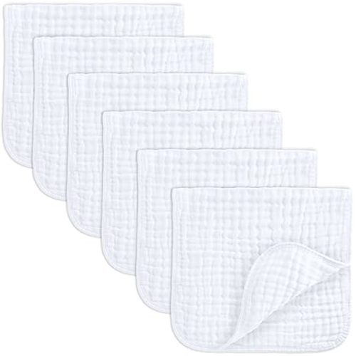 Comfy Cubs Muslin Burp Cloths 20" x 10", Pack of 6 - Large, 6-Layer, Ultra Absorbent 100% Cotton for Baby Spit-Up, Drool, and Messes - Soft, Safe & Gentle Baby Burp Cloths Set for Boys & Girls - White