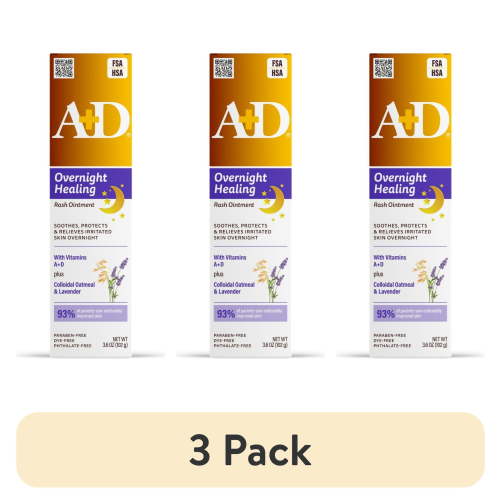 (3 pack) A+D Overnight Healing Diaper Rash Ointment for Baby, Soothes, Protects & Relieves Overnight, 3.6oz