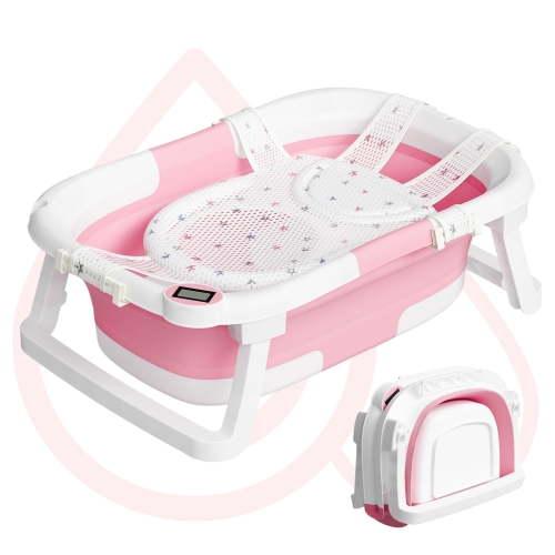 Aprpink Foldable Baby Bathtub PP+TPE with Soft Bath Net&Thermometer for 0-36 Months Toddler Dark Pink