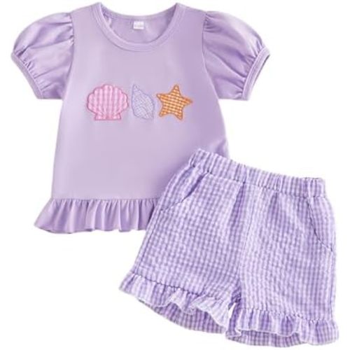 Muasaaluxi Toddler Baby Girl Clothes Summer Short Sleeve Starfish Conch Seashell T-shirt Ruffle Plaid Shorts Outfits 6M-4T