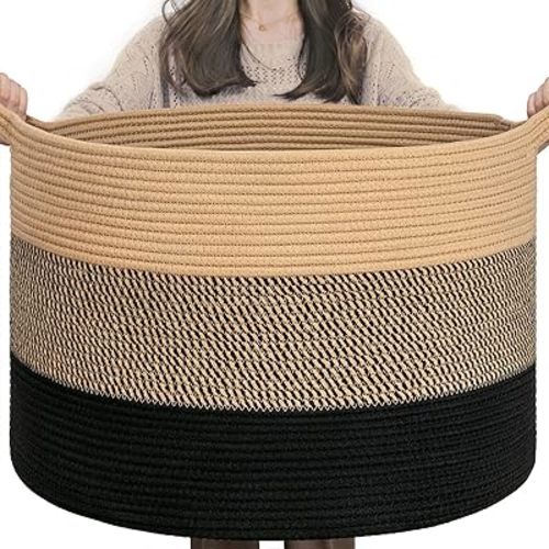 INDRESSME XXXLarge Cotton Rope Basket 21.7" x 21.7" x 13.8" Woven Baby laundry Blanket Basket for Living Room Decor, Toy Storage Baskets for Kids Boys Girls, Camel Mix & Black