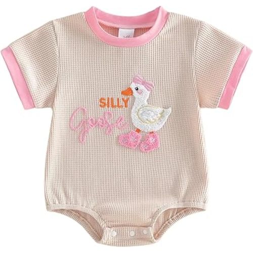 Socutebabe Infant Baby Girl Summer Clothes Newborn Outfit Goose Short Sleeve Bubble Romper Bodysuit Farm Goose Outfit