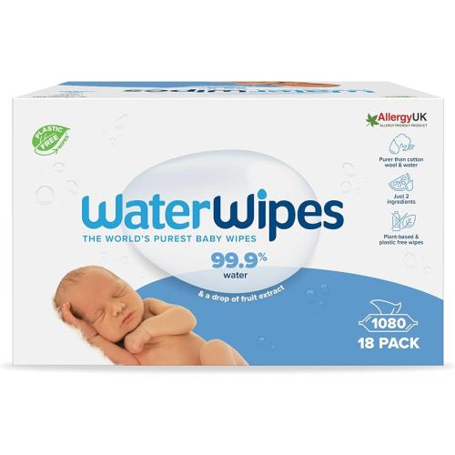 WaterWipes 1080 Pack, Biodegradable Baby Wipes, 99.9% Water Based Wet Wipes, Unscented & Hypoallergenic, For Sensitive Skin & Newborns, Value Pack (18 packs x 60 wipes)