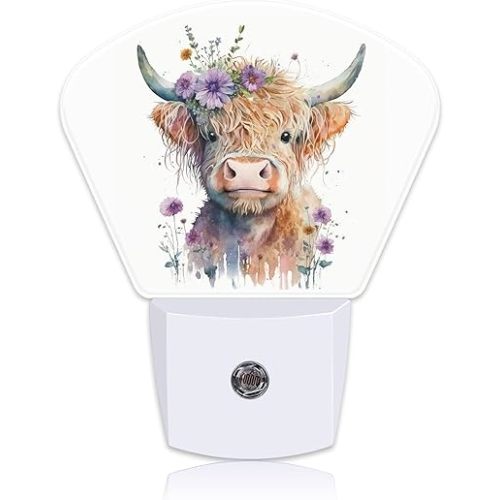 Watercolor Highland Cow Night Light, Purple Flowers Nightlight Plug into Wall with Dusk to Dawn Sensor for Kid Girls Boys Women Men Bedroom, Hallway, Kitchen, Bathroom, Stairs Decor