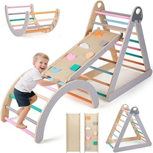 KIDINIX Upgraded Pikler Triangle Set, Reinforced with Montessori Climbing Setor Toddlers 1-6, Wooden Pickler Climbing Set with Ramp, Arch and Ladder, Indoor Playground Jungle Gyms, Rainbow