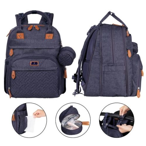 BabbleRoo Original XL Diaper Bag Backpack Stylish 40L Hands-Free Baby Bag with Changing Pad, Stroller Straps & Water-Resistant Panaleras, Denim Blue