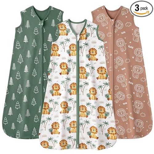 Baby Sleep Sack 0-6 months, 100% Cotton Sleeping Sack for Newborn and Infant, 3 Pack Baby Wearable Blanket, 0.5 Tog Lightweight Double Zipper Sleep Bag Small Brown Green Lion