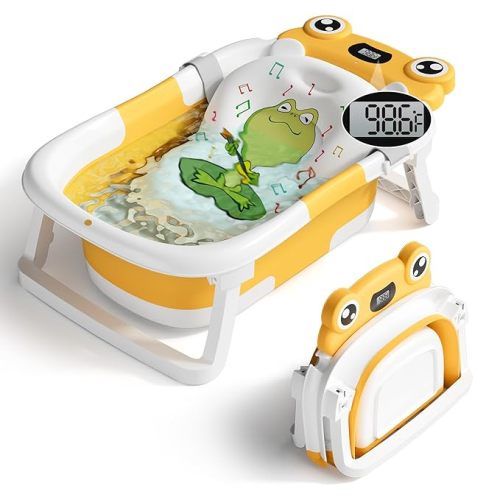 Baby Bathtub, Collapsible Newborn Bathtub for Infant to Toddler 0-24 Months with Soft Bath Net,Portable Travel Newborn Tub with No-Slip Feet, Baby Shower Gifts, Yellow