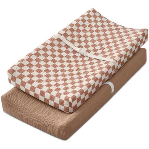 Blissful Diary Muslin Changing Pad Cover for Baby Girls Boys, Ultra Soft Breathable Cotton, Baby Diaper Change Table Pad Covers, 2Pack (Checkered Brown & Brown)