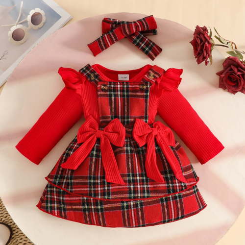 JIAYUE Child Clothes Sets Girls Long Sleeve Ribbed Infant Romper Bodysuit Bowknot Plaid Suspender Skirts Outfits Casual Clothing