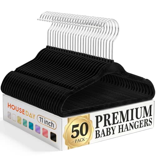 HOUSE DAY 11 Inch Velvet Baby Hangers 50 Pack Black, Premium Kids Hangers for Children/Infant/Toddler Clothes, Durable Non Slip Small Baby Felt Hanger for Closet, Ideal for Everyday Use