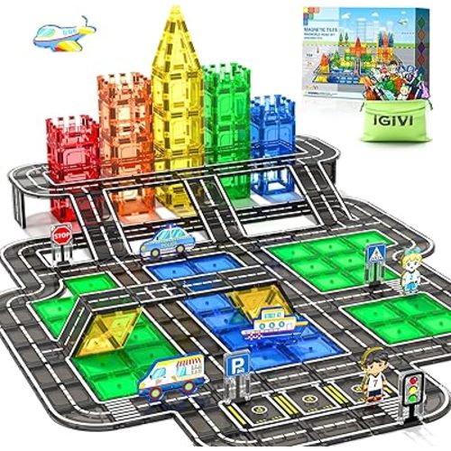 104 PCS Magnetic Tiles Road Set, STEM Construction Toys for Kids Ages 3-5 5-7 4-8, Magnet Building Blocks for Toddler Toys Games, Christmas Birthday Gifts for 3+ Year Old Boys Girls