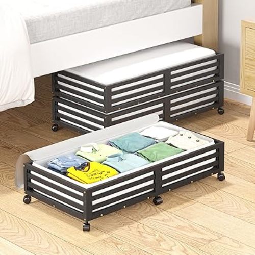 Bamboo Under Bed Storage Containers- Underbed Organizer with Wheels with Large Capacity Dust Bag,Sturdy Wood Rolling Under Bed Shoe Storage Organizer 2 Packs (Black, 2 Packs (33.07"×16.54"))