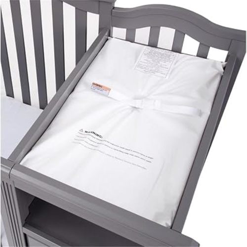 Pemberly Row Water-Resistant Vinyl Changing Pad, 27.5 x 15.5 in, Non-Allergenic, White, 1 in Thick, Security Strap, Fits Crib & Changer Combo, Baby Diaper Changing Pad for Nursery Use
