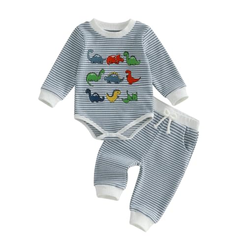 Baby Boy Fall Clothes Striped Dinosaur Long Sleeve Romper and Pants Set | Waffle Knit Clothing Set,3 6 9 12 18 Months,Baby Boys Winter Outfits,Newborn,Infant,Coming Home Outfit