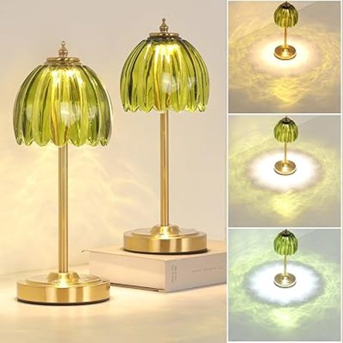 Set of 2 Tulip Table Lamp with 5000mAh Battery & Touch Control, Cordless Small Table Lamp with 3 Colors, Dimmable Rechargeable Table Lamps for Bedroom, Desk, Bedside (Green Tulip)