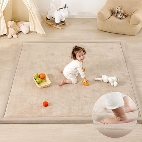 1.3" Thick Baby Play Mat for Floor Playpen, 50x50 Foam Tummy Time Mat, Padded Support Soft Plush Nursery Rug for Infant Kids Toddler Crawling Kick Activity (Beige)