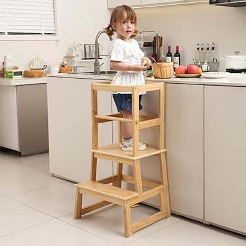 Kids Kitchen Step Stool for Kids with Safety Rail,Solid Wood Construction Toddler Learning Stool, Montessori Toddlers Kitchen Stool Tower(Natural)