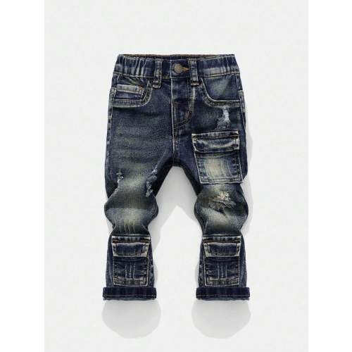 SHEIN Baby Boy Fashionable Retro Design Distressed Vintage Washed Ripped Frayed High Stretch Slim Fit Blue Jeans With Cargo Pocket,Leisure And Versatile For Baby Fall/Winter Daily Wear