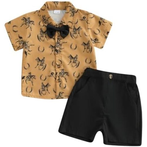 Toddler Baby Boy Western Outfits Horse Print Short Sleeve Button Up Shirts and Shorts Set 2Pcs Summer Clothes Sets