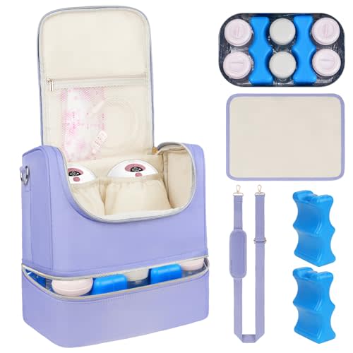 Wearable Breast Pump Bag with Cooler Compartment Fits for Willow/Elvie/Momcozy M5/S12 Pro/Medela, Breast Milk Travel Tote Bag with Ice Pack & Waterproof Mat,Purple