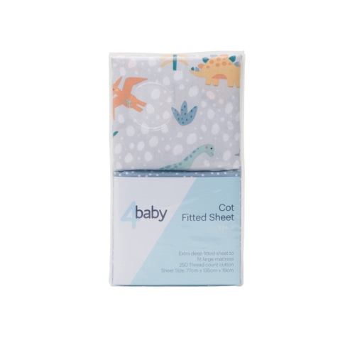 4Baby Percale Cot Fitted Sheet 2 Pack Dinosnores