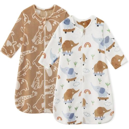 Fleece Baby Sleep Sack 6-12 Months Long Sleeve 2.0 Tog Baby Wearable Blanket with 2-Way Zipper Warm Sleeping Sack for Toddler Infant Newborn - Medium Brown & White Elephant