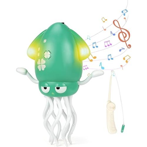 Dancing Octopus Toy with Fishing Rod, Tummy Time Toys for Babies - USB Rechargeable with Smart Obstacle Dodging, Electric Musical Dancing Squid Toy, Interactive Gift for Boys & Girls (Green)