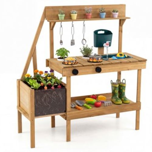 Costway Kids Mud Kitchen, Wooden Play Kitchen with Planter Box, Stoves, Water Tank, Sink Natural