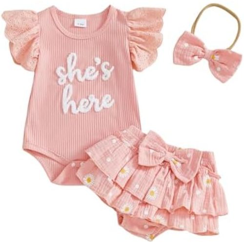 Madjtlqy She is Here Newborn Outfit Baby Girl Clothes 0 3 6 9 12 18 Months Ruffle Sleeve Romper Headband Shorts Set