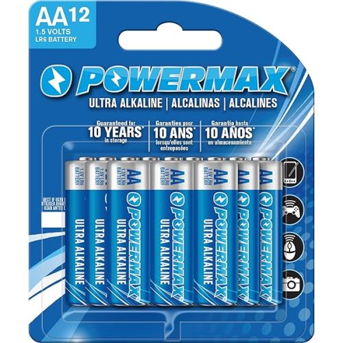 Powermax 12-Count Double AA Batteries, Ultra Long Lasting Alkaline Battery Blister Pack for Home and Office, 10-Year Shelf Life