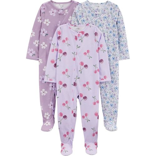 Simple Joys by Carter's Girl 3-pack Loose Fit Flame Resistant Fleece Footed Pajamas, Floral Cherry, 12M