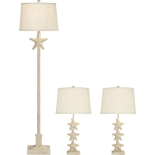 360 Lighting Starfish Coastal Beach Floor Lamp and Table Lamps Set Antique White Sand Finish Linen Beige Shade Living Room Bedroom Bedside Nightstand House Office Home Reading Kitchen Entryway