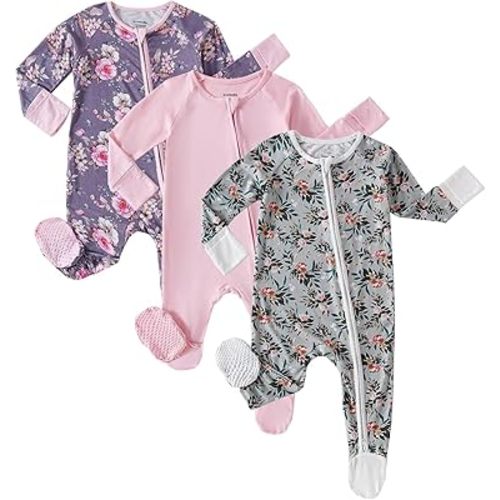 OPAWO Bamboo Baby Pajamas 3 Pack, 2 Way Zipper Newborn Footie Pajamas with Mitten Cuffs, Bamboo Sleepers for Baby Girl Onesie