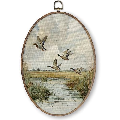 Qskjre Vintage Mallard Duck Wall Art Decor, Cottage Core Duck Oval Wood Framed Canvas Wall Artwork, Farmhouse Farm Animal Hanging Prints for Living Room Bedroom Decorations, 8.6x11.4 inch