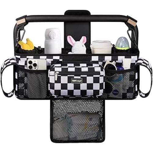 Universal Baby Stroller Organizer, Double Stroller Caddy with Detachable Mesh Bag & Heightened Insulated Cup Holders & Non-Slip Secure Hooks Accessories, Fits Most Strollers (Checkerboard)